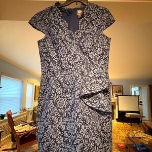 Vince Camuto Capsleeve Bodycon Tulip Hem Lace Applique Blue Ruffle Dress--12